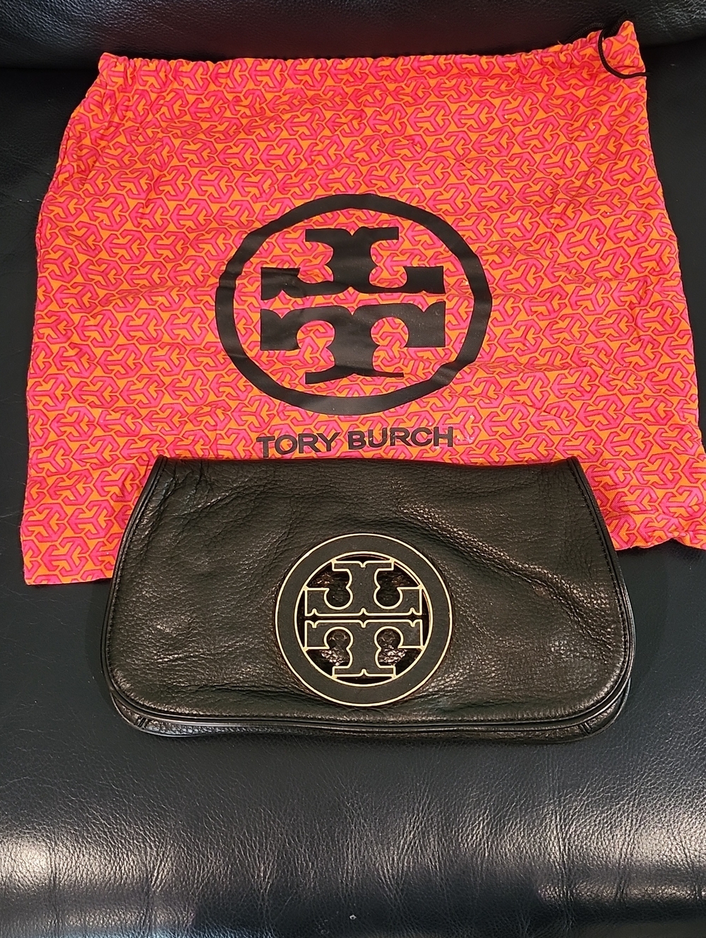 Tory Burch Black Leather Logo Wristlet Clutch with Gold-Tone Emblem